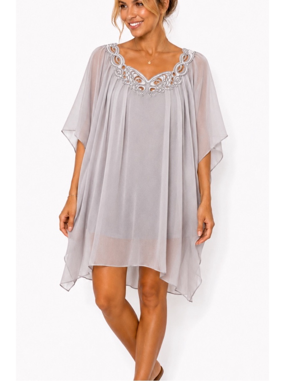 Love Stitch Light Gray embroidered sheer gray kaftan